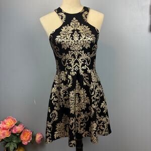 B. Darlin Halter High Neck Black Gold Pattern Dress Whimsygoth Classy Small 5/6